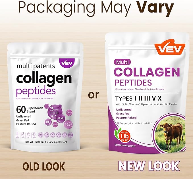 VEV Multi Collagen Peptides Powder, 1 lb – Type I, II, III, V, X, Hydrolyzed Collagen, Hyaluronic Acid Power, Biotin, Vitamin C, Supports Skin, Unflavored, Dissolves Easily (Packaging May Vary)