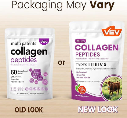 VEV Multi Collagen Peptides Powder, 1 lb – Type I, II, III, V, X, Hydrolyzed Collagen, Hyaluronic Acid Power, Biotin, Vitamin C, Supports Skin, Unflavored, Dissolves Easily (Packaging May Vary)