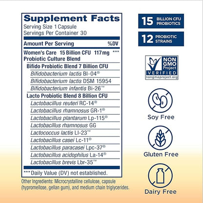 Renew Life Women's Probiotic Capsules, Supports pH Balance for Women, Vaginal, Urinary, Digestive and Immune Health, L. Rhamnosus GG, Dairy, Soy and Gluten-Free, 15 Billion CFU - 30 Ct