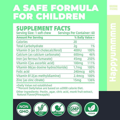 Iron Soft Chews Supplement with Vitamin C | Pineapple Flavored | Gluten Free | Iron Supplement for Women Men and Kids | 60 Count | 2 Month Supply