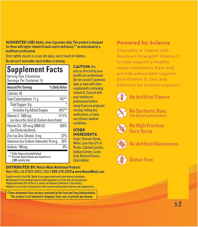 Nature Made Wellblends ImmuneMAX Gummies, Vitamin C 1000mg + Zinc, Selenium, & Vitamin D3 5000 IU, Immune Support Supplement, 42 Gummies