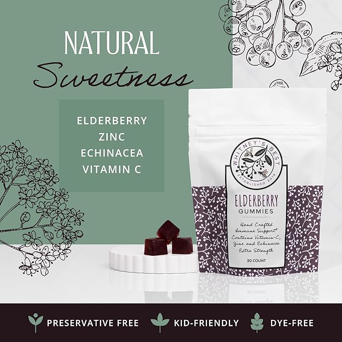 Whitney's Best Elderberry Gummies 30ct – Immune Support with Vitamin C, Zinc & Echinacea – for Adults & Kids, No Preservatives, Dyes or Gelatins, Vegan