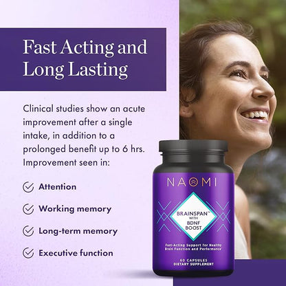 NAOMI Brainspan™ with BDNF Boost - Fast-Acting Support for Healthy Brain Function & Performance, Lion's Mane Mushroom, Ginkgo Biloba Extract, Garden Sage, Spanish Sage - 60 Capsules, 30-Day Supply