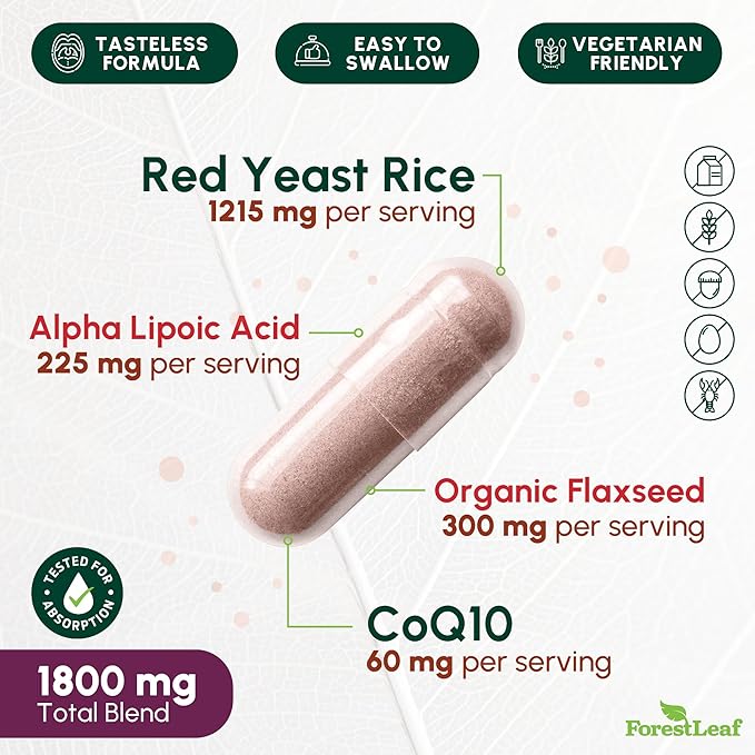 ForestLeaf Red Yeast Rice with CoQ10 Supplement - 1215mg Extra Strength Red Yeast Rice Capsules with Alpha Lipoic Acid & Organic Flaxseed, Citrinin Free - 180 Capsules
