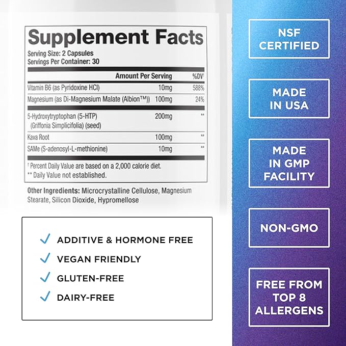 200 MG 5-HTP Elite with Kava Root Extract, Magnesium & SAM-e to Maintain Normal Healthy Sleep & Create a Sense of Wellbeing - 5HTP Supplement with Vitamin B6 - 60 Capsules, 30 Servings