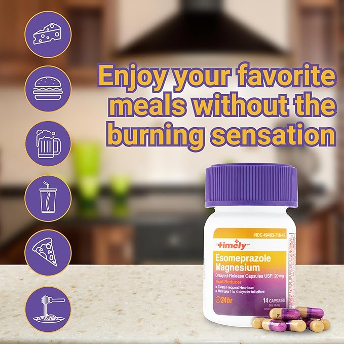 Timely Esomeprazole Magnesium 20mg Antacid Pills - Stomach Acid Reducer, Frequent Heartburn Relief & Acid Reflux Medicine - 24 Hour Esomeprazole Delayed Release Capsules - 42 Count