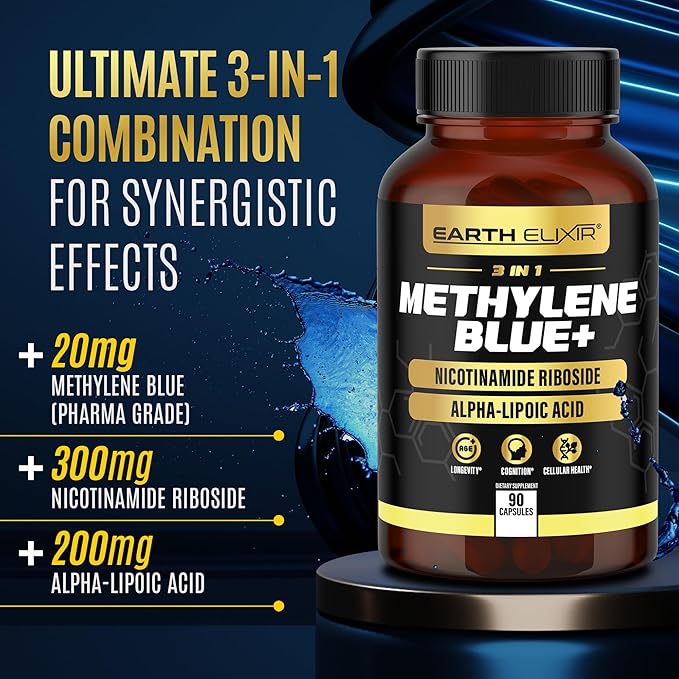 3-in-1 Methylene Blue Capsules – Methylene Blue Pharmaceutical Grade w/Alpha Lipoic Acid (ALA) & Nicotinamide Riboside – NAD Supplement for Energy, Cognitive & Cellular Support – 3 Month Supply