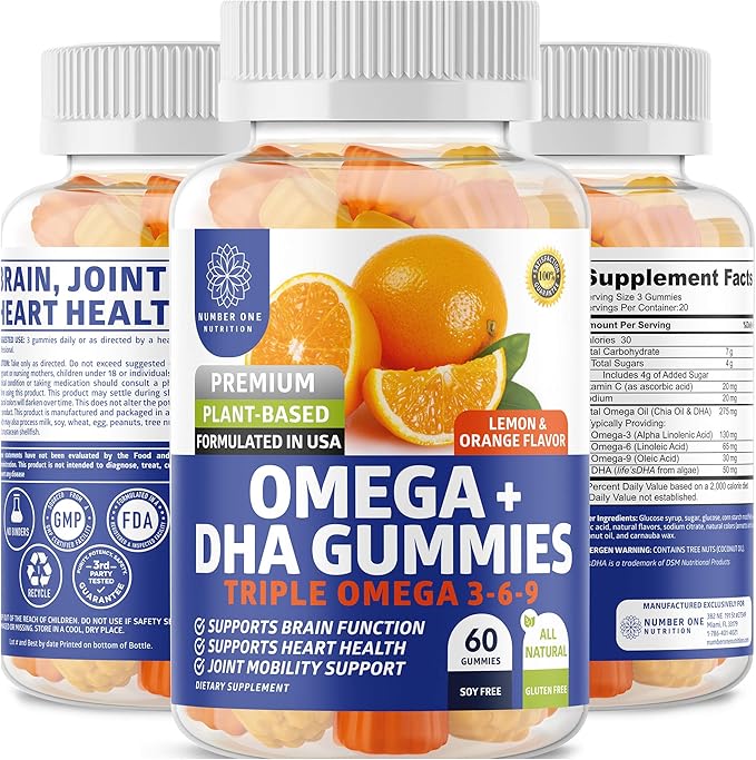 N1N Premium Omega 3 6 9 + DHA Gummies [Vegan, Plant Based] Natural Brain, Immunity and Joint Health Support with Vitamin C, 60 Gummies