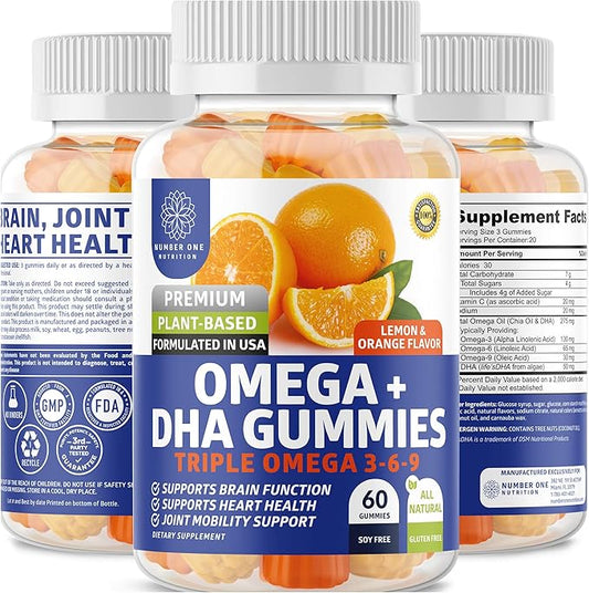 N1N Premium Omega 3 6 9 + DHA Gummies [Vegan, Plant Based] Natural Brain, Immunity and Joint Health Support with Vitamin C, 60 Gummies