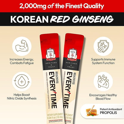 Everytime Korean Red Ginseng Extract 2,000mg - Adaptogen Energy Drink, Liquid Stick Supplements with Propolis - Energy Boost & Immune Support, Caffeine Free (30 Sticks, 0.34 fl oz)