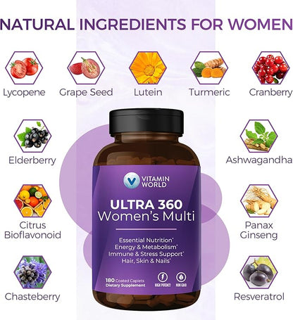Vitamin World Ultra 360 Multivitamin for Women, Women's Multivitamin with Herbs & Collagen for Hair, Skin & Nails, Supplement with Iron, Vitamin A, B, C, D, E for Energy & Immune Support, 180 Caplets