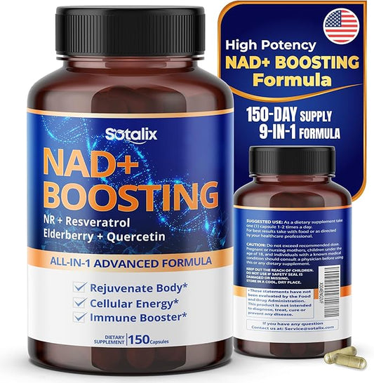 NAD+ Boosting All-in-1 Advanced Formula with NR, Resveratrol, Elderberry, Quercetin - Immune Booster, Overall Well-Being- USA Made & Tested (150 Count (Pack of 1))
