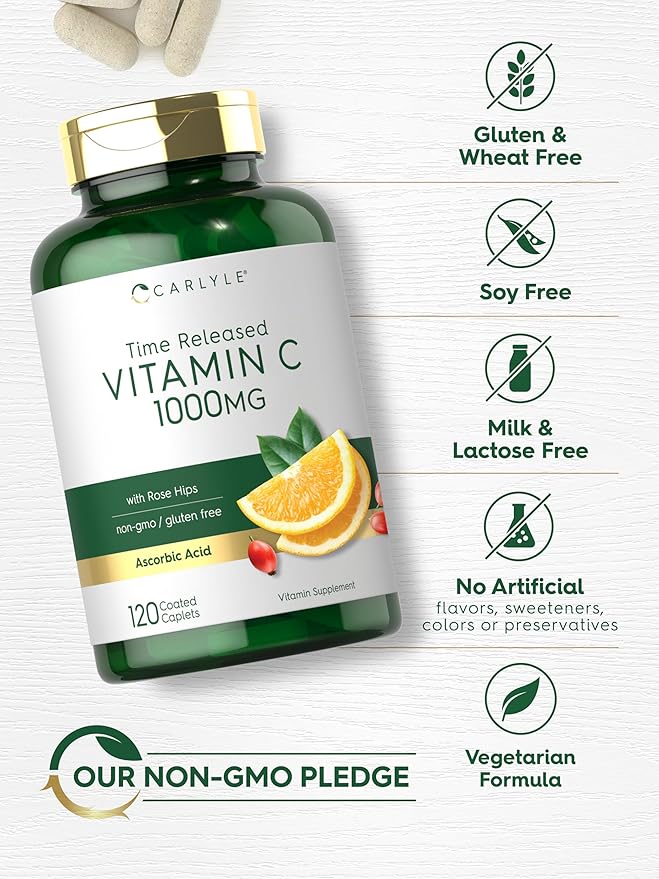 Carlyle Vitamin C 1000mg | 120 Caplets | with Rose HIPS | Supplement for Women and Men | as Ascorbic Acid | Time Release | Vegetarian, Non-GMO, and Gluten Free