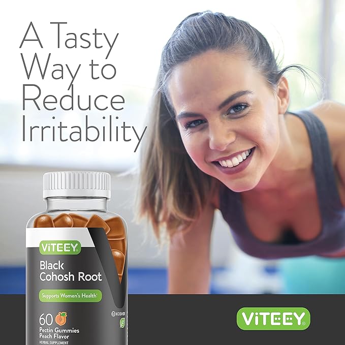 Viteey Black Cohosh for Menopause for Women - Hot Flashes and Night Sweats Relief Supplements - Black Cohosh Root - Vegan, Gelatin Free, Gluten Free, GMO Free - Tasty Chewable Peach Flavored Gummy