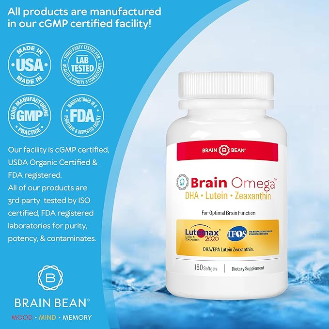 Brain Omega with Lutein and Zeaxanthin – Omega 3 Supplement for Brain, Heart & Eye Health – 460 mg DHA, 90 mg EPA, Lutein and Zeaxanthin Supplements – 180 Softgels (90 Servings)