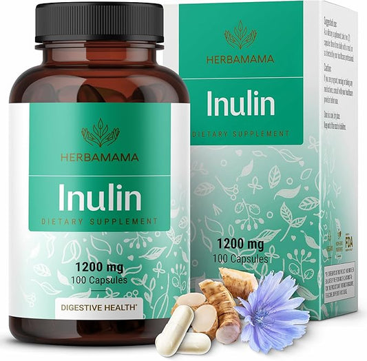 HERBAMAMA Inulin Powder Capsules 1200mg - Digestive Support & Gut Cleanse with Inulin Prebiotic Fiber - Vegan, Non-GMO Chicory Root Powder Supplement, 100 Caps, 16-Day Supply