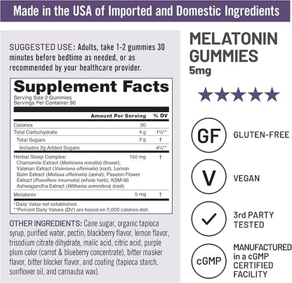 NatureWise Melatonin Gummies 5mg - Non-Habit Forming Sleep Support Supplement with Ashwagandha, Valerian Root - BlackBerry-Lemon Flavor - Vegan, Gluten Free, Non-GMO - 180 Count[90-Day Supply]