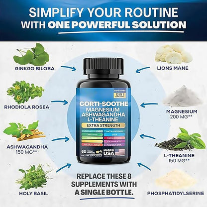 Corti-Soothe Cortisol Supplement,Magnesium Glycinate 200mg, L-Theanine 150mg, Phosphatidylserine 50mg & Manager Lions Mane Holy Basil Ginkgo Biloba Bacopa Monnieri Valerian (60 Capsules) DD