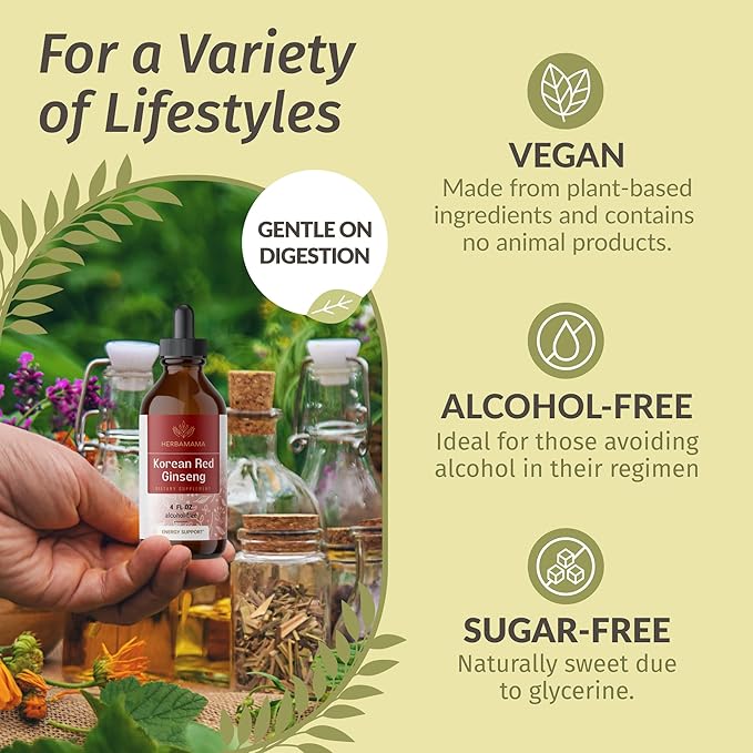 HERBAMAMA Panax Ginseng Root Tincture - Immune & Overall Support with Korean Red Ginseng Supplement - Vegan, Non-GMO, Alcohol & Sugar-Free Herbal Drops, 56-Day Supply