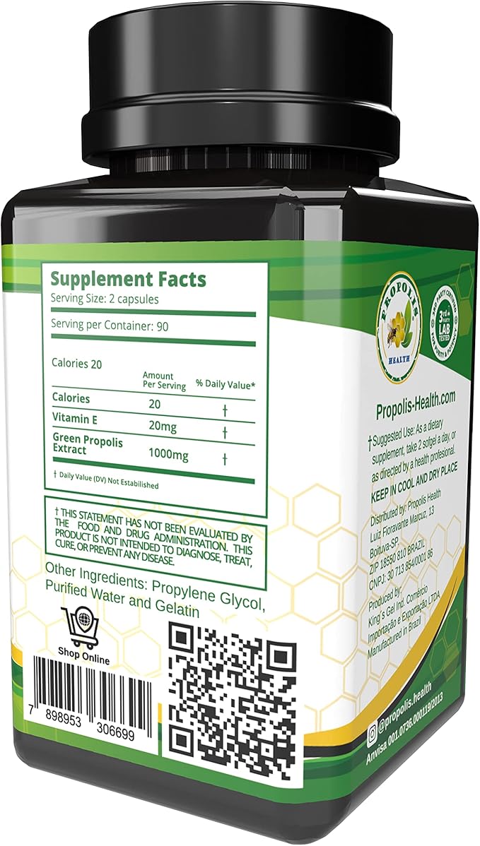 Propolis Health Propolis Capsules 1000mg-Daily with Vitamin E Per 2 Capsules - Brazilian Green Propolis Extract - Immune Booster 50 Days Supply Propolis Capsules (180 Capsules)