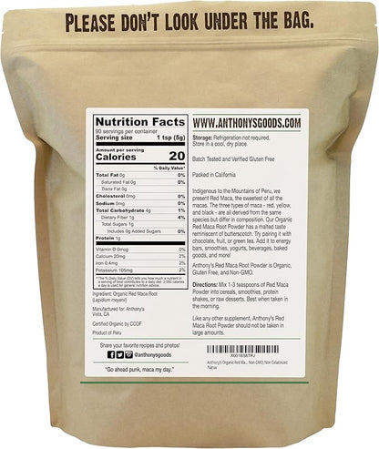 Anthony's Organic Red Maca Powder, 1 lb, Raw, Gluten Free, Non GMO, Non Gelatinized