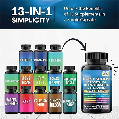Corti-Soothe Cortisol Supplement,Magnesium Glycinate 200mg, L-Theanine 150mg, Phosphatidylserine 50mg & Manager Lions Mane Holy Basil Ginkgo Biloba Bacopa Monnieri Valerian (60 Capsules) DD