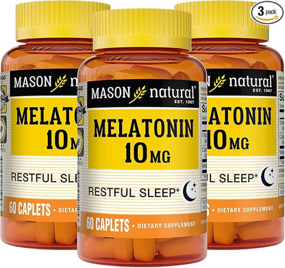 MASON NATURAL Melatonin 10 mg with B6 and Calcium, Natural Sleep Aid, Supports Healthy Sleep & Rest, 60 Caplets (Pack of 3)