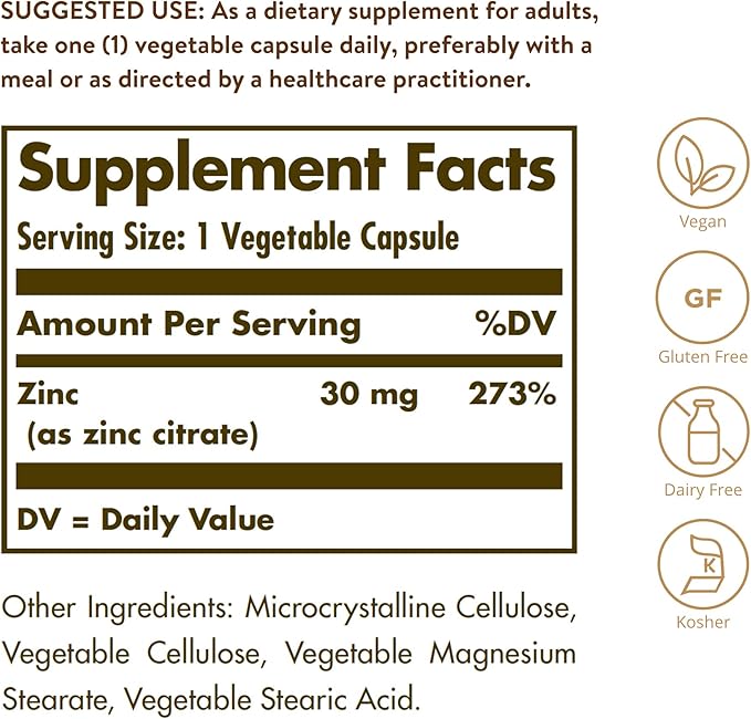 Solgar Zinc Citrate Vegetable Capsules, 100 Count, Non-GMO, Gluten Free, and Kosher, Supports Immune System Health, Healthy Skin and Eyes, Normal Taste and Vision