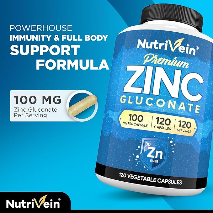 Nutrivein Premium Zinc Gluconate 100mg - 120 Capsules: High-Absorption Zinc Gluconate Supplements for Whole-Body Well-Being - Essential Elements for Wellness