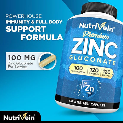 Nutrivein Premium Zinc Gluconate 100mg - 120 Capsules: High-Absorption Zinc Gluconate Supplements for Whole-Body Well-Being - Essential Elements for Wellness