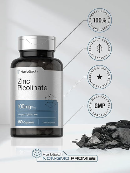 Horbäach Zinc Picolinate 100mg | 180 Capsules | High Potency | Non-GMO, Gluten Free | Zinc Supplement