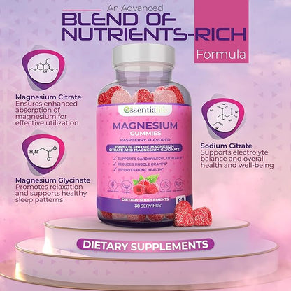Magnesium Gummies Pure Magnesium 100mg per Serving for Sleep and Clam - 850mg Blend of Magnesium Glycinate Citrate - Wake Up Energized with Magnesium Supports Digestion - 60 Count