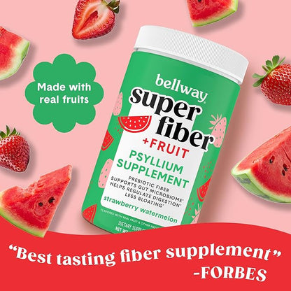 Bellway Super Fiber Powder + Fruit, Sugar Free Organic Psyllium Husk Powder Fiber Supplement for Regularity, Bloating Relief & Gut Health, Non-GMO, Plant-Based, Strawberry Watermelon (50 Servings)