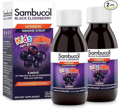 Sambucol Black Elderberry Syrup for Kids - Kids Elderberry Syrup, Added Vitamin C, Black Elderberry Syrup, Sambucus Elderberry Kids Syrup for Immune Support, Delicious Berry Taste - 4 Fl Oz, 2-Pack