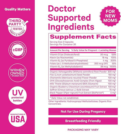 Pink Stork Postpartum Mood Support - Postnatal Hormone Balance for Women - Breastfeeding Friendly - Stress & Cognitive Support, New Mom Essentials - Ashwagandha, Chamomile, & Vitamin D, 60 Capsules