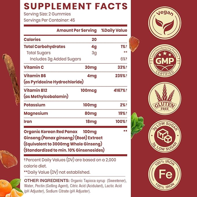 Korean Red Panax Ginseng Supplement Gummies - Iron Supplements for Women & Men - Iron Gummies with Vitamin C, B6, B12, Potassium & Magnesium, Vegan - 180 Count