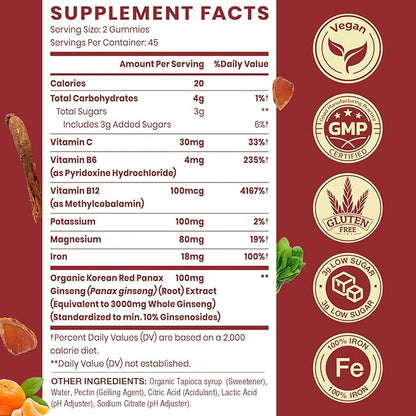 Korean Red Panax Ginseng Supplement Gummies - Iron Supplements for Women & Men - Iron Gummies with Vitamin C, B6, B12, Potassium & Magnesium, Vegan - 180 Count