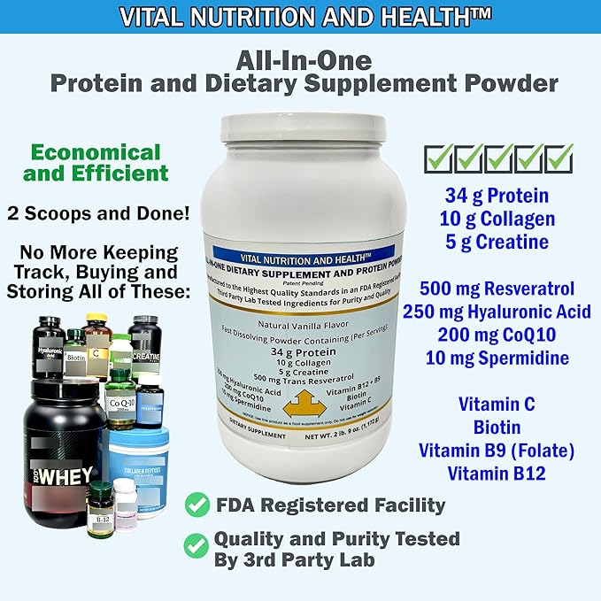 All-in-One Powder: Protein, Collagen, Creatine, Resveratrol, Hyaluronic Acid, CoQ10, Spermidine + Key Vitamins