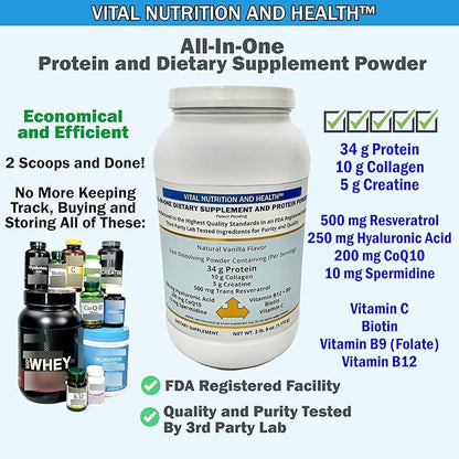 All-in-One Powder: Protein, Collagen, Creatine, Resveratrol, Hyaluronic Acid, CoQ10, Spermidine + Key Vitamins