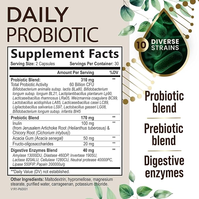 Probiotics 60 Billion CFU + 10 Strains - Daily Probiotic for Immune, Digestive & Gut Support, Prebiotics and Probiotics Supports Occasional Constipation, Gas & Bloating for Women & Men - 60 Capsules