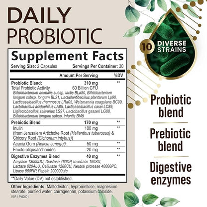 Probiotics 60 Billion CFU + 10 Strains - Daily Probiotic for Immune, Digestive & Gut Support, Prebiotics and Probiotics Supports Occasional Constipation, Gas & Bloating for Women & Men - 60 Capsules
