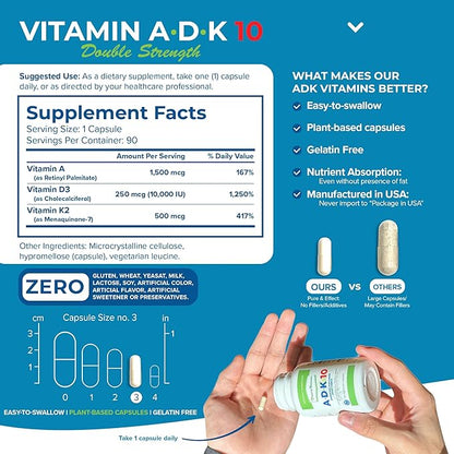Power By Naturals ADK Vitamin Supplement – ADK 10 High Potency with Vitamins A, D3 10,000 IU & K2 MK7 for Superior Heart, Immune & Bone Health Support – 90 Capsules, 2 Pack (6-Month Supply)