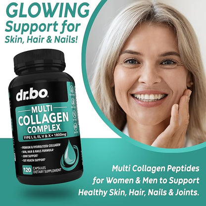 Multi Collagen Peptides for Women & Men - Type I, II, III, V, & X Multi Collagen for Women & Men Complex Capsules, Hydrolyzed Peptides Pills Supplements for Skin, Hair & Nails - 120 Protein Capsules