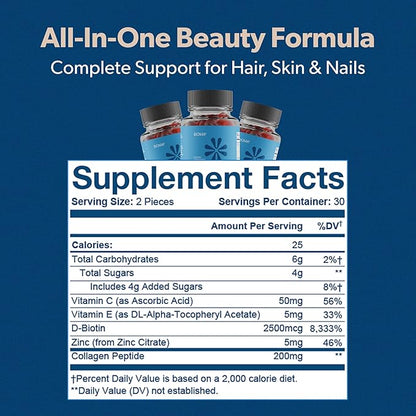 BIOMA Hair, Skin & Nails Beauty Gummies - Supports Growth & Strength with Biotin, Collagen, Zinc & Vitamins C & D - Gluten-Free - 60 Gummies (30-Day Supply)