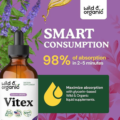 Wild & Organic Vitex Tincture - Vitex Chasteberry Supplement for Women - Liquid Chaste Tree Berry Extract for Good Mood - Vegan, Sugar & Alcohol-Free Herb Drops - 4 fl oz