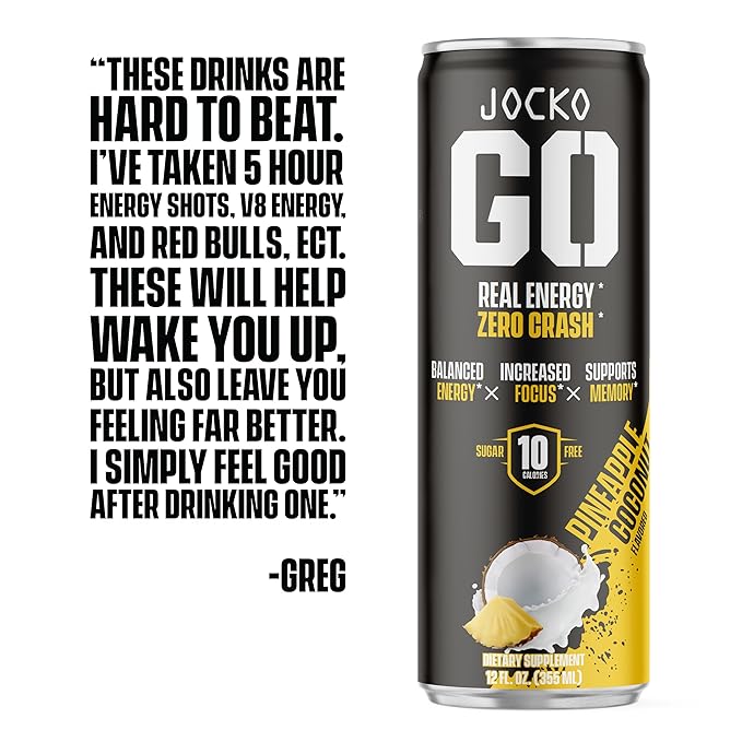 Jocko GO Energy Drink - KETO, Vitamin B12, Vitamin B6, Electrolytes, L Theanine, Magnesium- Energy Boost, Sugar Free Nootropic Monk Fruit Blend - 12 Pack (Pineapple Coconut)