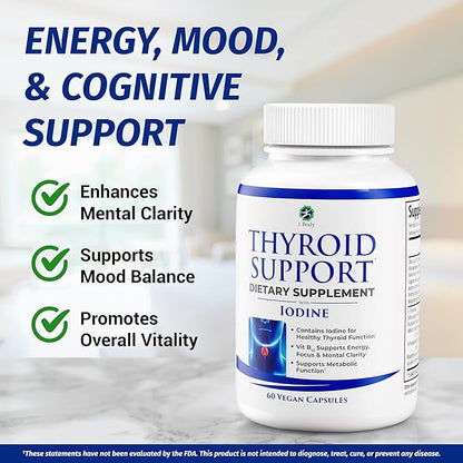 1 Body Thyroid Support Supplement with Iodine, B12, Zinc, Selenium, Ashwagandha, Non-GMO, Vegetarian, 30 Day Supply