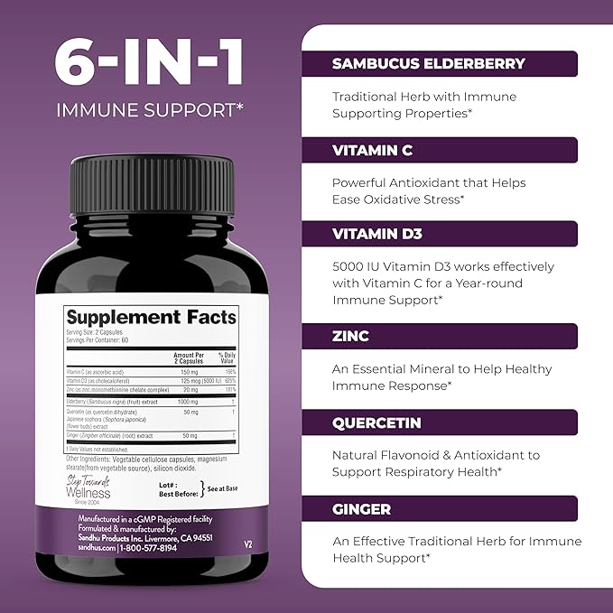 Sandhu's Elderberry Vitamin C & Zinc with Quercetin Capsules for Men & Women | Supports Immunity, Bone Health and Quality Sleep | 120 Count
