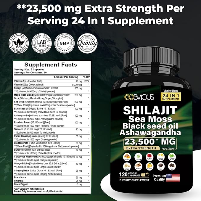 24-in-1 Himalayan Shilajit W/Ashwagandha, Black Seed Oil, Rhodiola Rosea, Panax Ginseng, Sea Moss, Ginkgo Biloba, Stinging Nettle, Turmeric, Cordyceps Mushroom — 120 Capsules, 60-Day Supply