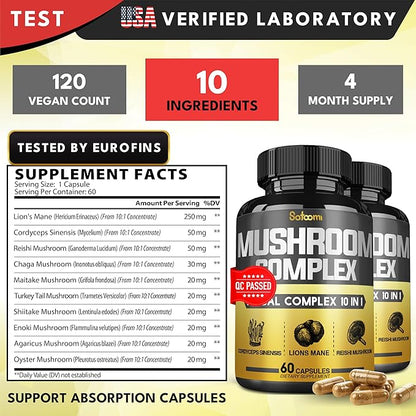 Satoomi 10in1 Mushroom Complex Supplements Capsules - 4 Month Supply - Blends with Lions Mane, Cordyceps, Reishi, Chaga, Maitake, Shitake & Others - 2 Packs 60 Capsules